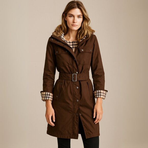 Burberry London Rabbit Fur Trimmed Stand Collar Tench Coat with Belt - Picture 1 of 11